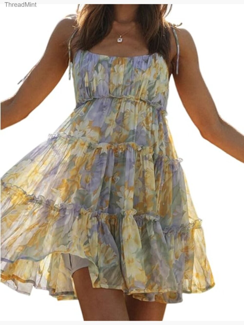 Floral Mini Dress Boho Flowy Skater Spaghetti Strap Ruffle Sundress